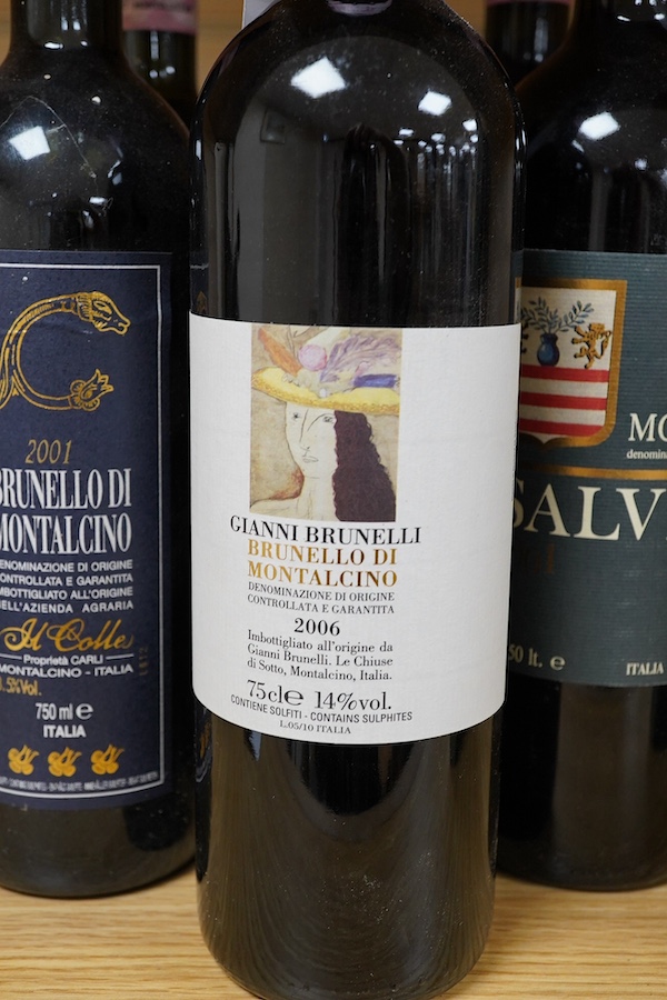 Two bottles of Brunello Di Montalcino Salvioni 2001, two bottles of Brunello Di Montalcino M Colle 2001 and a bottle of Gianni Brunelli Brunello Di Montalcino 2006. Condition - storage unknown